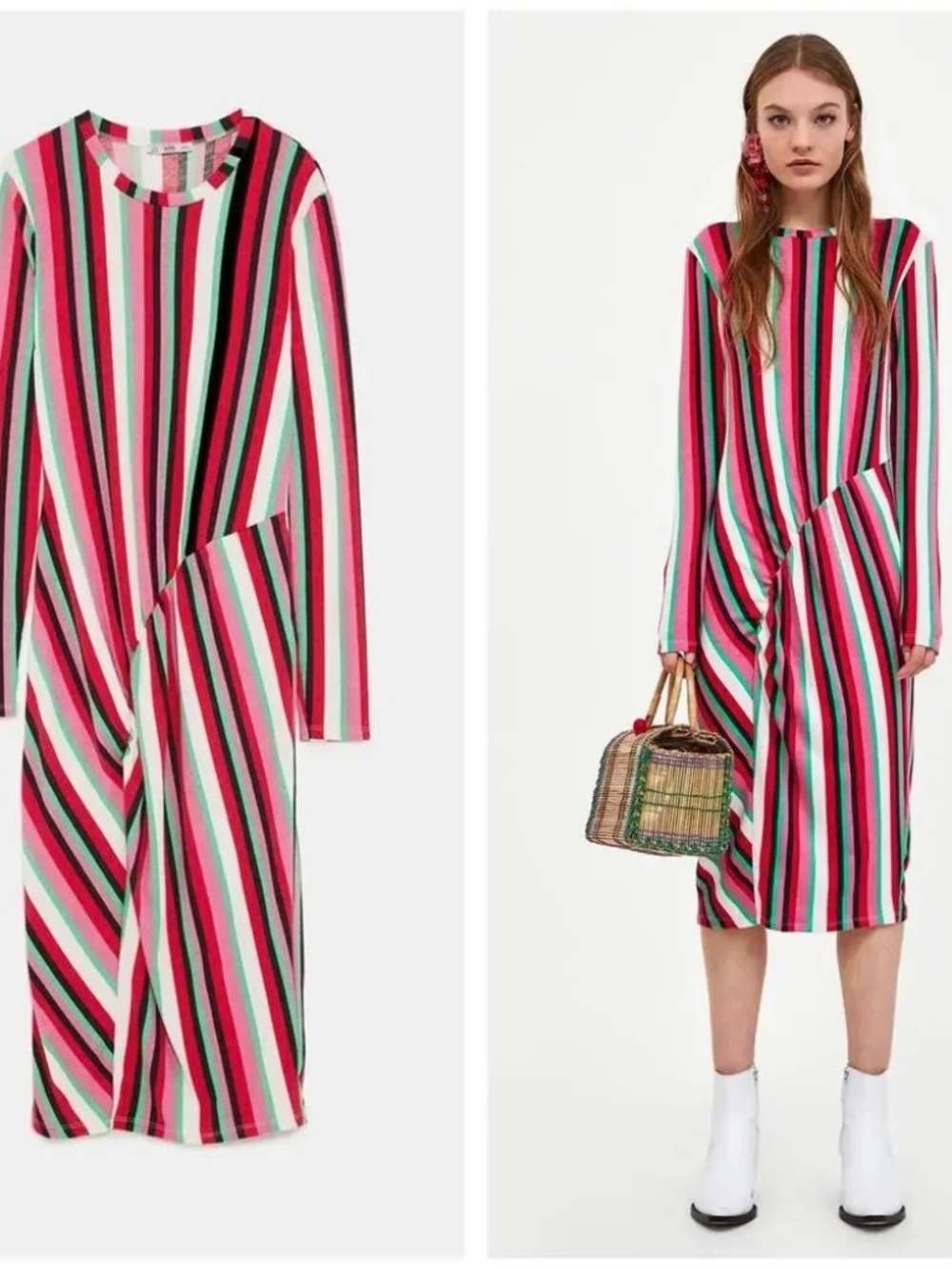 Zara Striped Midi Dress With Gathered Detail